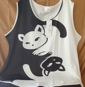 YING&YANG**BLACK&WHITE KITTY TANK SUMMER TOP PLUS